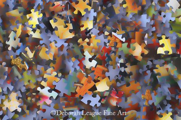 Putting The Pieces Together features primary colored puzzle pieces heaped together across the canvas. The haphazard arrangement of the jumbled pieces creates great depth in the piece: colorful wall art and items of decor for home and office.