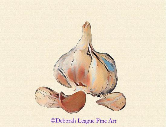 Elevate your kitchen or dining area with this art print of a garlic head or bulb. This wall art captures the beauty of nature’s simplicity with intricate details and earthy tones, perfect for enhancing rustic, farmhouse, or modern interiors. Ideal for food lovers, chefs, or anyone who appreciates culinary-inspired decor, this garlic head print brings a touch of organic elegance to your space. 

The image features a garlic bulb from which three cloves have been removed and lay in front of the whole vegetable. While this representation is primarily true to the color of the plant, turquoise is also used as an accent color. The textured image has a cream-colored background.