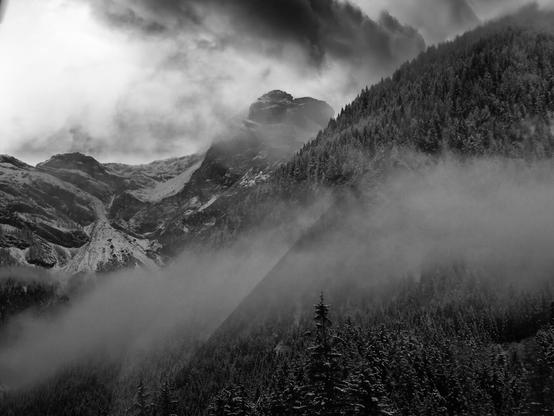 A dramatic black and white landscape featuring a mountainous region shrouded in mist and clouds, with dense, lightly snow-covered forests in the foreground and rugged peaks in the background.