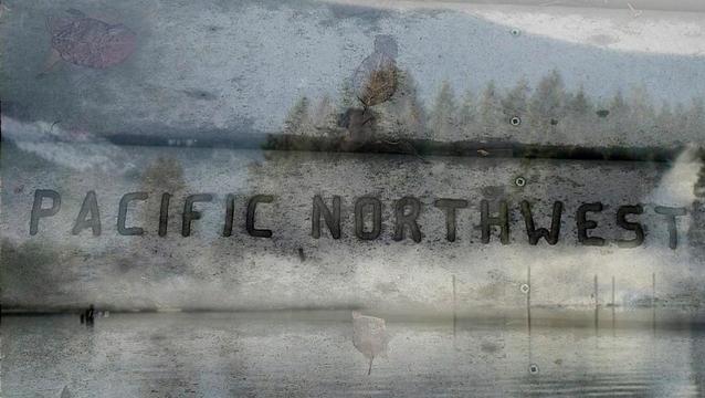 A boardwalk plank features the words "PACIFIC NORTHWEST" etched into the surface, overlaid with faint reflections of trees and water. The background gives a sense of a natural landscape, enhancing the theme of the Pacific Northwest region.