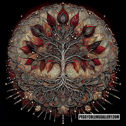 Intricate artwork of an autumn tree of life mandala on a black background, by artist Peggy Collins.