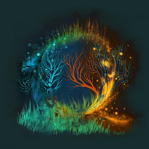 watercolour & ink; dark teal background with a patch of mint-coloured grass from which a circle emerges; its left side shows blow waves and branches, at the top there are green and orange flames; on the right, there is a combusting fire which engulfs a tree of orange and blue branches; the bottom right shows specks of yellow dots.