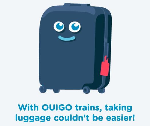 Zeichnung eines Koffers mit Augen und Mund, darunter Schriftzug 
"With OUIGO trains, taking luggage couldn't be easier!"