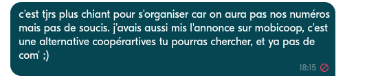 Capture d'écran du tchat Blablacar avec une icône rouge indiquant "message refusé par la modération"