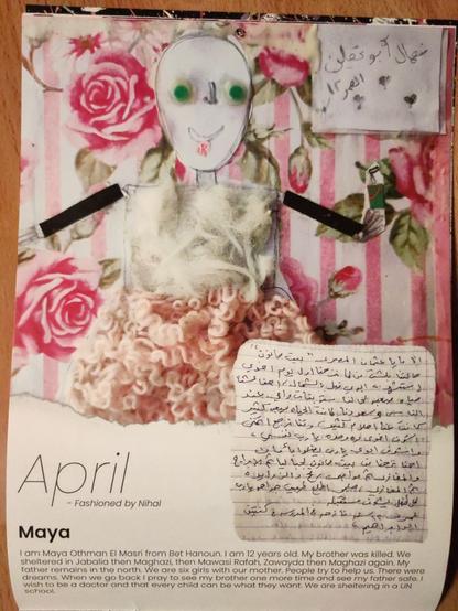 The April section of the calendar. The image is a collage of a figure surrounded by roses.

Below are some words written by Maya about her experiences in war.