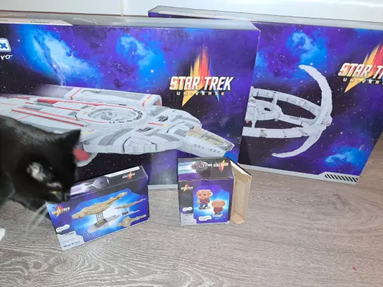 4 boxes placed on the floor. Boxes from BlueBrixx (a Lego alternative). 2 boxes are huge, they contain the cool starship The Defiant and the space station DS9. 2 boxes are small and they contain a Galor and Quark (in a funko pop style). Quark's box is a bit damaged. All 4 are from Star Trek Deep Space Nine, my favorite Star Trek series. Bonus tuxedo kitty sniffing at the Galor box.
