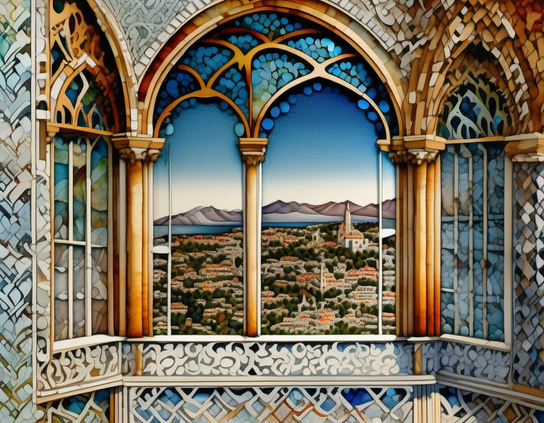 A window with elaborate glass mosaic effect framing, with a view of a vibrant mediterranean city and distant mountains. AI Impressionism style.