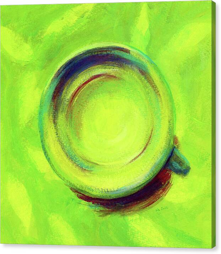 A cup of green tea is an acrylic painting in contemporary square format painted by artist Karen Kaspar. A cup of green tea seen from above is painted on an abstract background of tea leaves in vibrant shades of green.