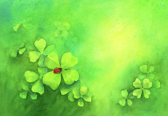 A lucky day is a watercolor painting in horizontal format painted by artist Karen Kaspar. Many four- leaf clovers are dancing on background in vibrant shades of green. On one of the leaves is sitting a red ladybug with black dots.