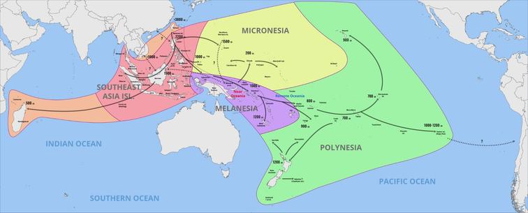 The map of how the Austronesian people spread and inhabited South-East Asian islands, Micronesia, Melanesia, Polynesia, and as far as Madagascar to the West.