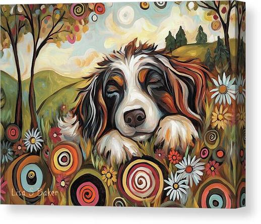 A canvas print of a whimsical scene featuring a dog peacefully sleeping amidst a vibrant garden filled with swirls and flowers. Art by Lisa S Baker.