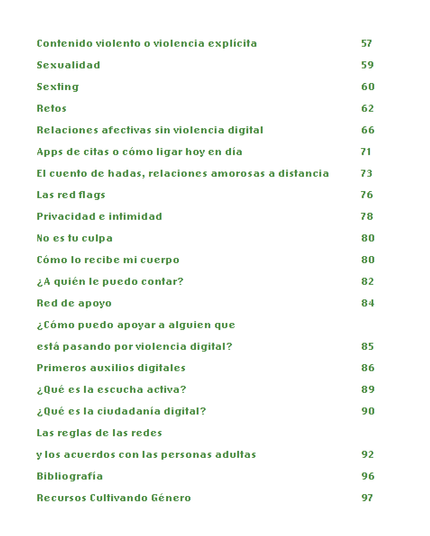 Imagen de una lista con temas relacionados a la violencia digital, relaciones afectivas en internet y seguridad online para jóvenes. Se incluyen temas como contenido violento, sexualidad, sexting, relaciones sanas, apps de citas, privacidad, apoyo en casos de violencia digital y ciudadanía digital. Cada tema tiene un número de página asociado.