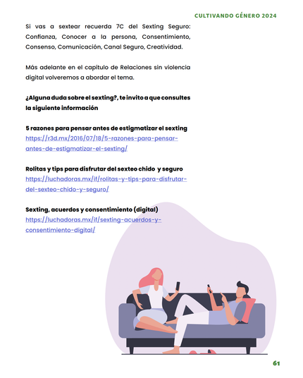 Aquí hay una imagen de dos personas sentadas en un sofá, cada una con un teléfono celular.  El texto que acompaña la imagen trata sobre el sexting seguro, destacando la importancia de la confianza, el consentimiento, el consenso y la comunicación. Se incluyen enlaces a recursos adicionales con más información sobre el tema.
