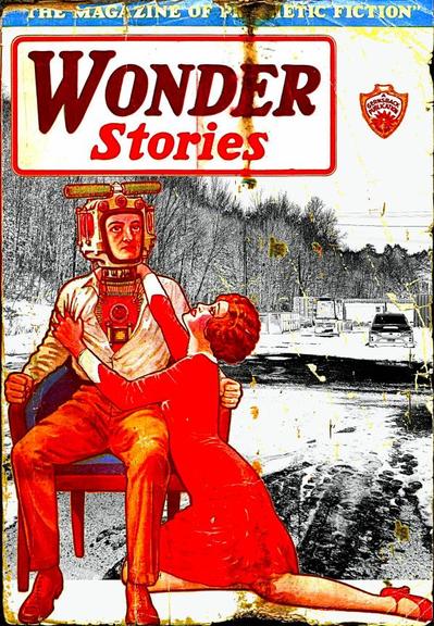 Modified cover of Wonder Stories science fiction - the background is a black and white high contrast photo of a Northern Ontario parking area. There is a wooded area to the left, and in the background is a parked car, behind it is a trailer and a maintenance shed. In the foreground can be seen footprints and tire tracks in the thin layer of snow on the pavement. Elements from the cover are in bright colours. In the foreground are two figures, a man sitting in a chair, wearing a futuristic helmet and mechanical vest. He has a blank look on his face.  A red haired woman in a red dress kneels next to him, grabbing his shoulder and arm, trying to break him out of his transfixed state.