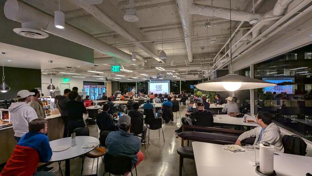 A photo from the back of the room in the SF Ruby Meetup @ Sentry