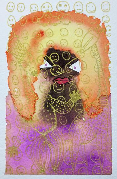 A vibrant watercolor artwork featuring a striking Black character with deep, rich brown skin. The figure has bold, expressive features framed by an abundant, fiery orange and golden yellow halo-like hair. Delicate gold patterns, including smiling faces, adorn the character and the background, creating a sense of ethereal elegance. The lower part transitions into soft purples and pinks, with intricate gold detailing that enhances the overall warmth and radiance of the piece.