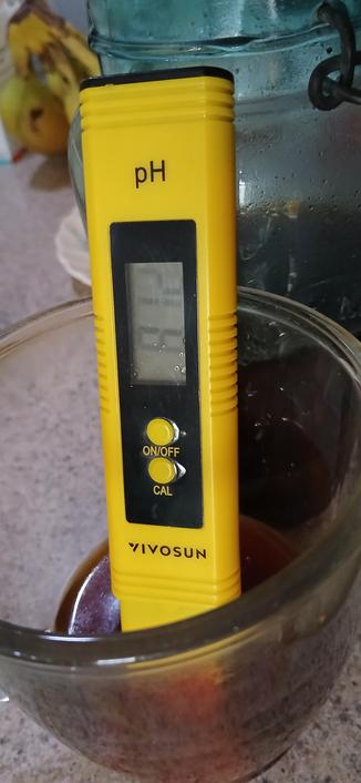 A Vivosun pH meter reads 8.12, resting in a glass of light brown liquid.  Behind it is a Mason jar containing similar liquid, a saucer, and a bunch of bananas.