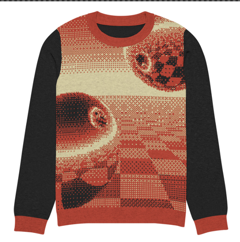 a custom 8-bit ray traced festive baubles sweater featuring two reflective balls on a checkered landscape