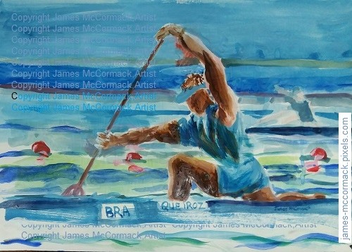 Olympic Canoeing, a painting in acrylic on paper of Olympic canoeist Isaquias Queiroz (Brazil) at Tokyo 2020 / 2021 , the final where he won gold.