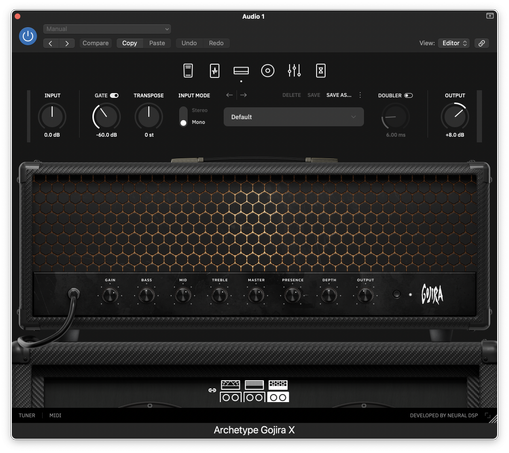 Screenshot of the guitar amp simulation "Gojira" by Neural DSP in Logic Pro X