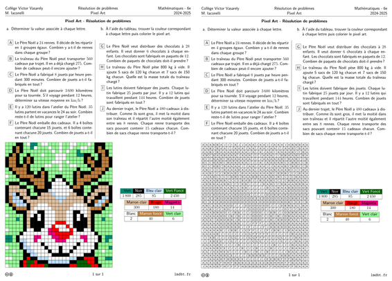 Fiche d'exercices avec des problèmes sur les nombres entiers sur le thème de Noël. Avec un pixel-art de renne (colorié à gauche - à colorier à droite).