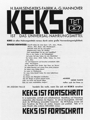 Kampagnenplakat von Kurt Schwiiters für die Bahlsen Keksfabrik / 1927Kampagnenplakat von Kurt Schwiiters für die Bahlsen Keksfabrik / 1927 mit ser Aufschrift "KEKS IST FORTSCHRITT"