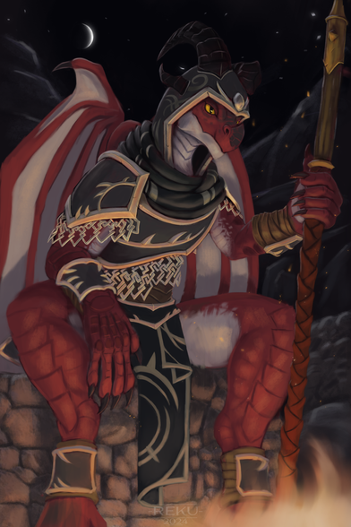 Red and black dracthyr in armour sits on a wall at night before a campfire keeping watch