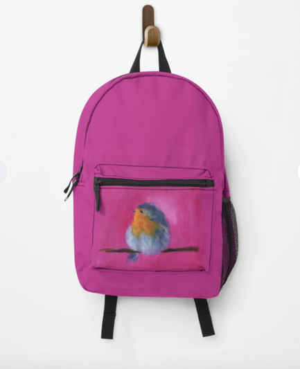 Backpack featuring my handmade acrylic painting - Little Robin -  an acrylic painting in contemporary square format by artist Karen Kaspar.
A cute fluffy little European Robin bird is sitting on a branch and is looking to the left side.The background is abstracted in vibrant shades of pink.