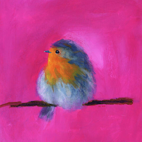 Little Robin is an acrylic painting in contemporary square format by artist Karen Kaspar.
A cute fluffy little European Robin bird is sitting on a branch and is looking to the left side.The background is abstracted in vibrant shades of pink.
