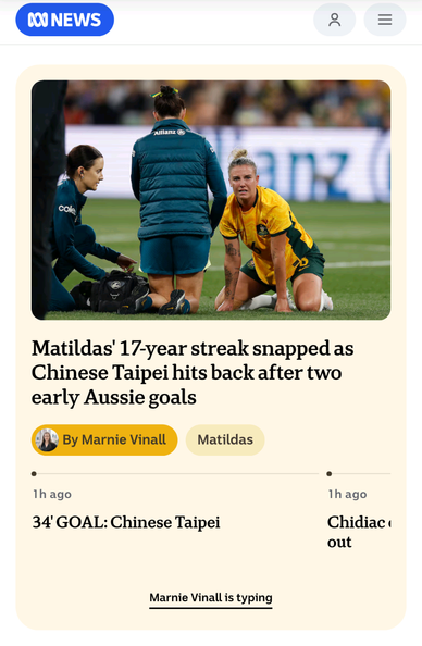 Screenshot of ABC News coverage of the Australia vs Taiwan women's football match. "Chinese Taipei" is used to refer to the Taiwan team