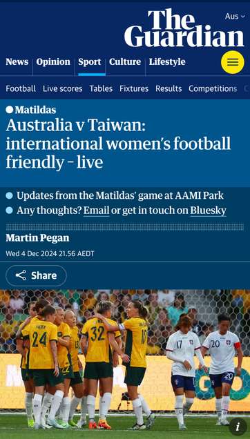 Screenshot of the Guardian coverage of the Australia vs Taiwan women's football match. The Taiwan team is called Taiwan