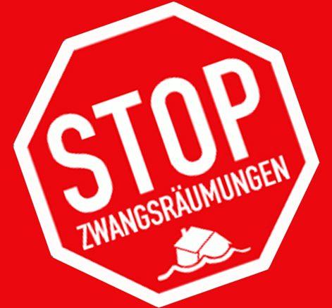 Logo von Zwangsräumungen verhindern. Rot. Stoppschild mit einem untergehenenden Haus.