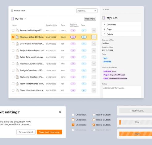 Web interface for file storing software, several UI elements in a light theme, orange highlights, minimal design style with bold colors to enhance features.