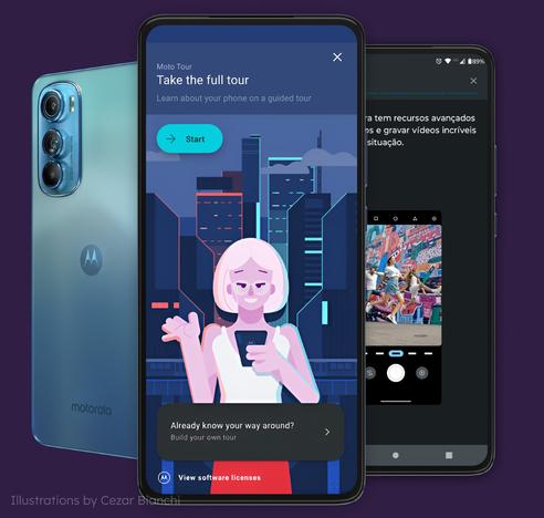 Interface design for the Motorola Moto Tour app, showcasing illustrations by Cezar Bianchi