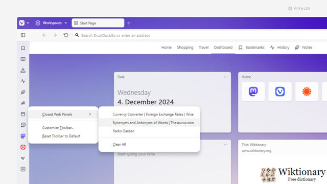 Panels' context menu listing closed Web Panels. Vivaldi browser's Start Page is open in the background.