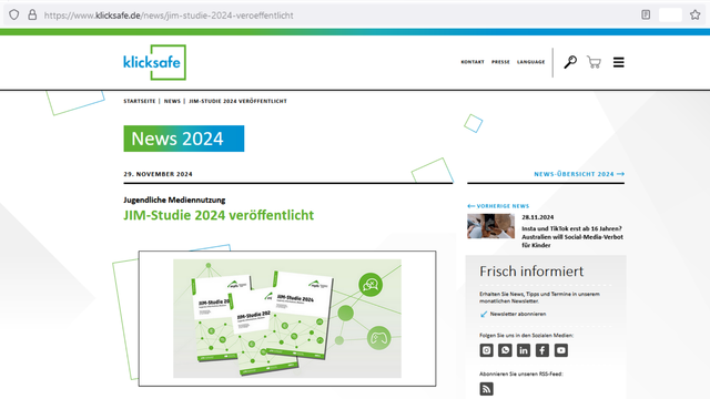 Screenshot der Internetseite von www.klicksafe.de mit einer Meldung vom 29. November 2024 mit dem Titel: "Jugendliche Mediennutzung – JIM-Studie 2024 veröffentlicht". Darunter befindet sich eine Abbildung mit dem Cover der Studie.