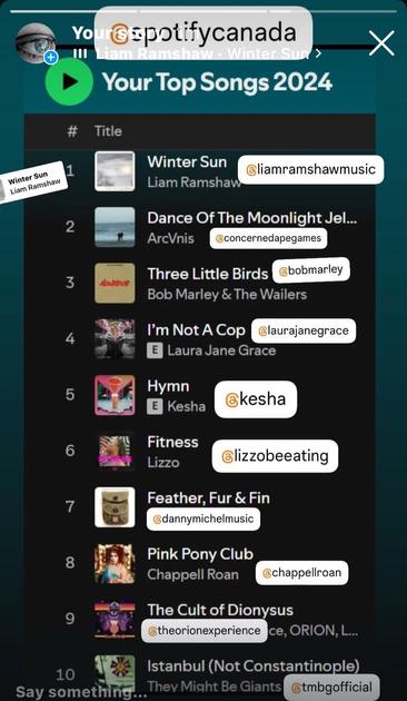 A very chaotic screenshot of an Instagram story. The story is a screenshot of a Spotify unwrapped “your top songs of 2024” playlist. Each of the top 10 songs is overlaid with a tag of the artists’ instagram accounts and in the top left there is a music sticker playing the #1 song: Winter Sun by Liam Ramshaw.
The other songs are:
2: dance of the moonlight jellies by concernedape and ArcVnis
3: three little birds by Bob Marley and the wailers
4: I’m not a cop by Laura Jane grace
5: hymn by Kesha
6: fitness by Lizzo
7: feather fur and fin by Danny Michel
8: pink pony club by Chappell roan
9: the cult of Dionysus by the Orion experience
10: Istanbul (not Constantinople) by they might be giants