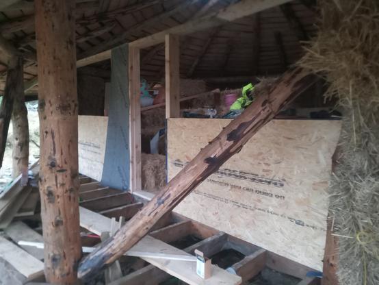 Strand board under both windows, semi-permeable membrane over the panel to the left of the door.