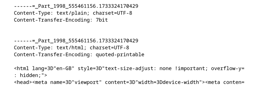 Screenshot of section of the source view of an email. Showing empty plain text section, then a HTLM section with vertical scrolling explicitly disabled.