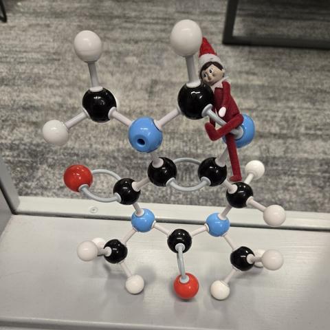 Photograph of a molecular model kit that is designed to look like a caffeine molecule. A very tiny Elf on the Shelf figurine is hugging one of the bonds near a carbon atom.