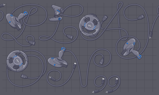 The words "Play on" visualised by game controllers and cables.