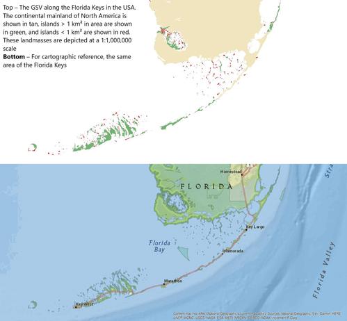 maps - Top – The GSV along the Florida keys in the United States. The continental mainland of North America is shown in tan, islands > 1 km2 in area are shown in green, and islands < 1 km2 are shown in red. These landmasses are depicted at a 1:1,000,000 scale. Bottom – For cartographic reference, the same area of the Florida Keys