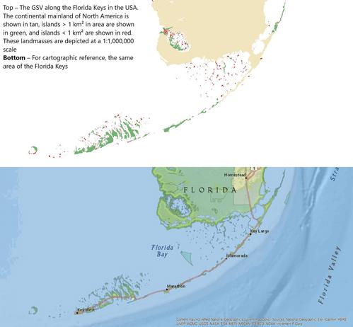 maps - Top – The GSV along the Florida keys in the United States. The continental mainland of North America is shown in tan, islands > 1 km2 in area are shown in green, and islands < 1 km2 are shown in red. These landmasses are depicted at a 1:1,000,000 scale. Bottom – For cartographic reference, the same area of the Florida Keys