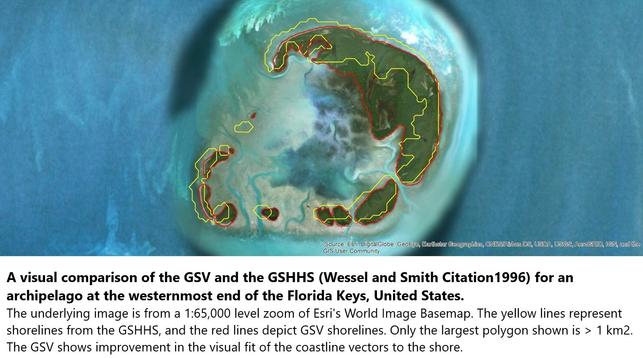 maps/landsat image - A visual comparison of the GSV and the GSHHS (Wessel and Smith Citation1996) for an archipelago at the westernmost end of the Florida Keys, United States. The underlying image is from a 1:65,000 level zoom of Esri's World Image Basemap. The yellow lines represent shorelines from the GSHHS, and the red lines depict GSV shorelines. Only the largest polygon shown is > 1 km2. The GSV shows improvement in the visual fit of the coastline vectors to the shore.