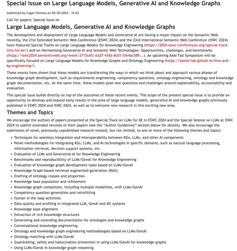 A call for papers for a special issue on Large Language Models, Generative AI, and Knowledge Graphs is shown.  The announcement highlights the impact of these technologies on the Semantic Web and invites submissions on various related topics, including integration techniques, novel methodologies, evaluation methods, and knowledge graph development tasks using LLMs and Generative AI.  Specific themes such as ontology engineering, knowledge base refinement, and human-in-the-loop activities are mentioned.
