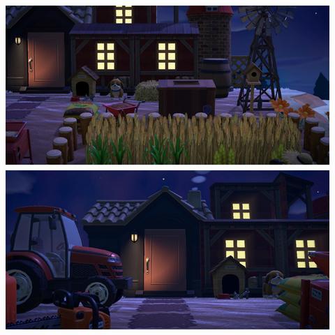 Collage of two Animal Crossing: New Horizons screenshots stacked vertically. Both are the same area shown from a different angle. Both screenshots show a villager's home with a collection of red storefronts used to give the appearance of an increased house size. A grain silo is alongside the house along on the right along with a windmill staggered in front of it. The bottom image is more dead onto the house's front door with a red tractor visible on the left with a foot path going to the door. The upper image shifts the same image to the right showing a small doghouse and a toy dog outside of the house. In the foreground is a wooden fenced in area with tall grass.