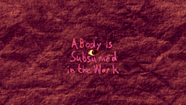 Title screen of the gamefeaturing bright pink text of the title and a photo of an eye on a rough red background.