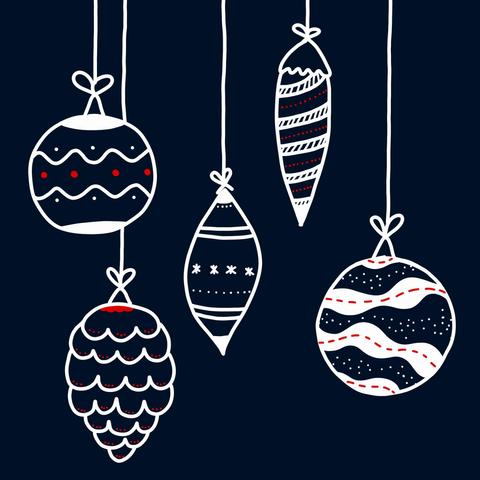 Christmas baubles in different colours, with different patterns