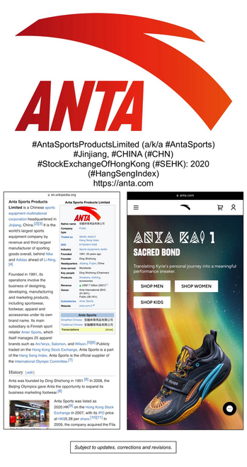 Logo and company information for Anta Sports (Jinjiang, China).