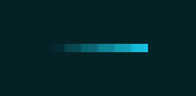 Six teal rectangles getting progressively brighter from left to right, against a dark background